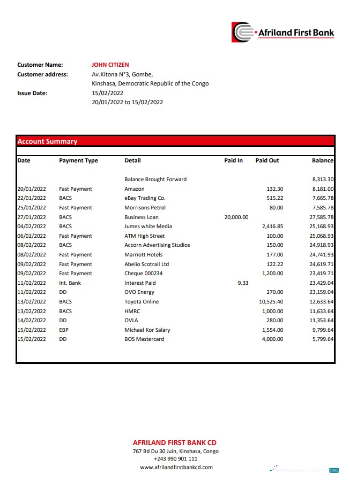 Download Congo Afriland First Bank statement excel Photoshop template